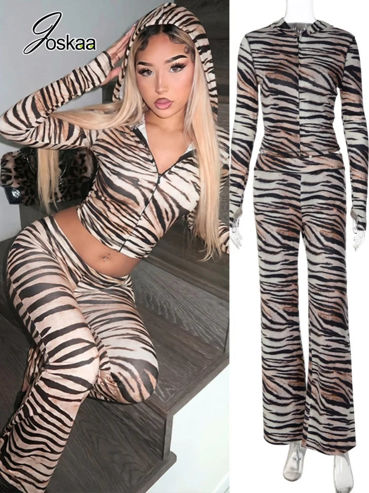 Women's Zebra Print Zip Up Long Sleeve High Waist Two Piece Set - Women's Fashion Wholesale - Front View