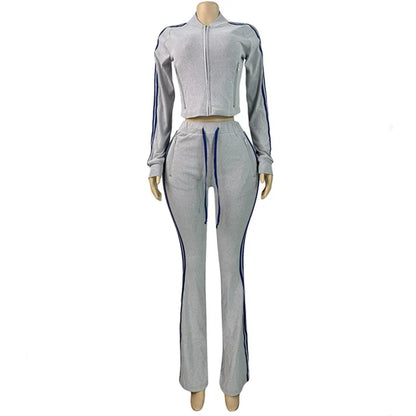 Joskaa Stripe Velvet Zip Up Long Sleeve Two Piece Set - two piece set image 9