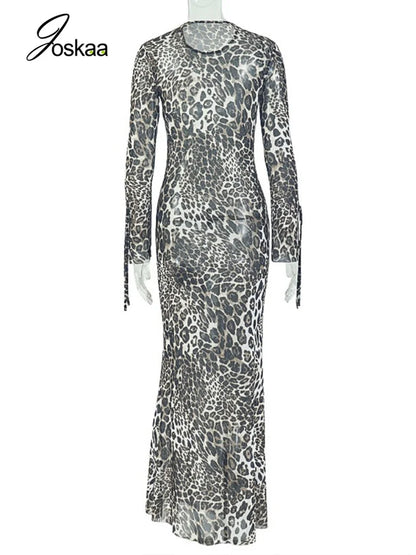 Women's Leopard Print Mesh Bodycon Maxi Dress Leopard Print – Detail View