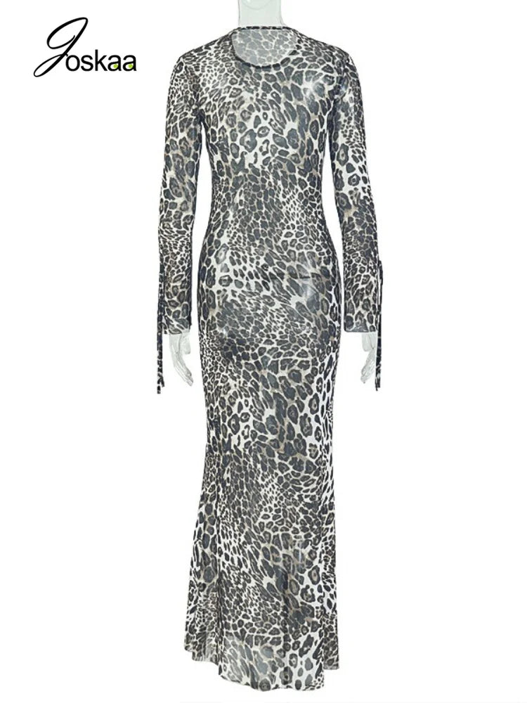 Women's Leopard Print Mesh Bodycon Maxi Dress Leopard Print – Detail View