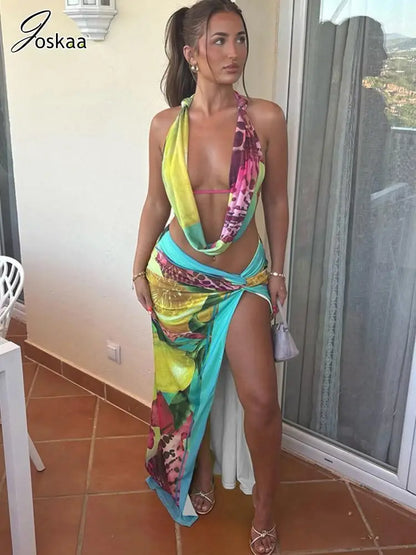 Wholesale Women's Backless Halter Two Piece Set Colorful – Side View