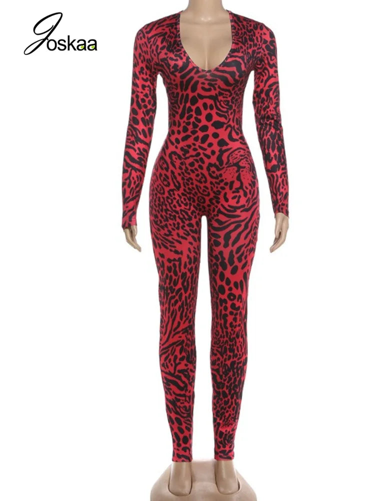 Women's Leopard Print Backless Long Sleeve Romper Red – Back View