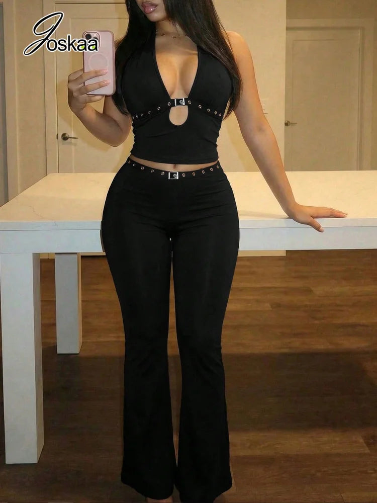 Women's V-neck Halter Wide Leg Two Piece Set - Detail View