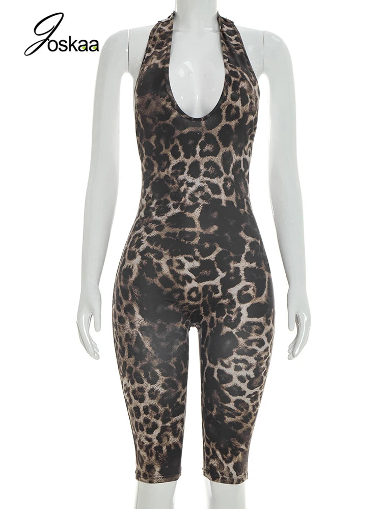 Women's Leopard Print Backless Halter Romper Leopard Print – Back View