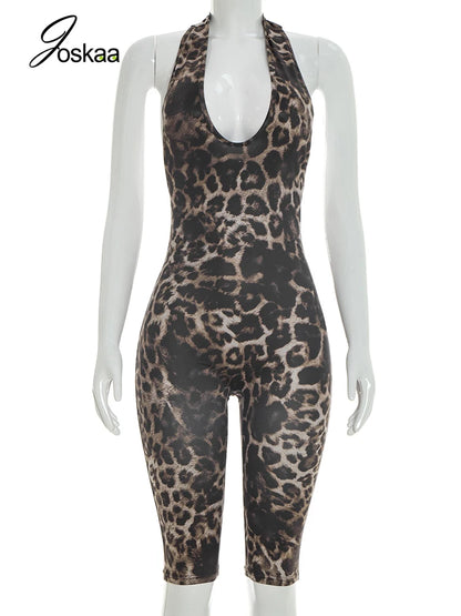 Women's Leopard Print Backless Halter Romper Leopard Print – Back View