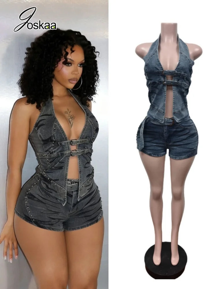 Women's Denim Backless Halter Two Piece Set – Women's Fashion Wholesale – Front View