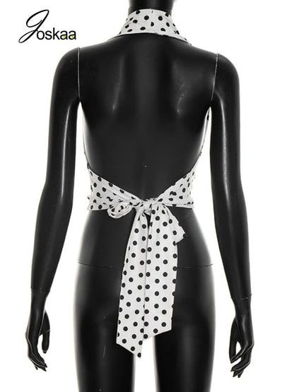 Women's Polka Dot Lace Backless Halter Top White – Detail View