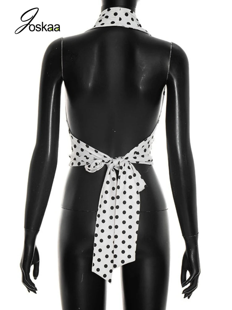 Women's Polka Dot Lace Backless Halter Top White – Detail View