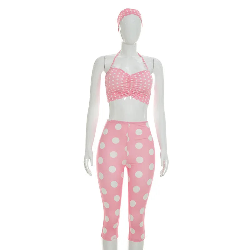 Women's Polka Dot Ruched Halter High Waist Two Piece Set - Detail View 7
