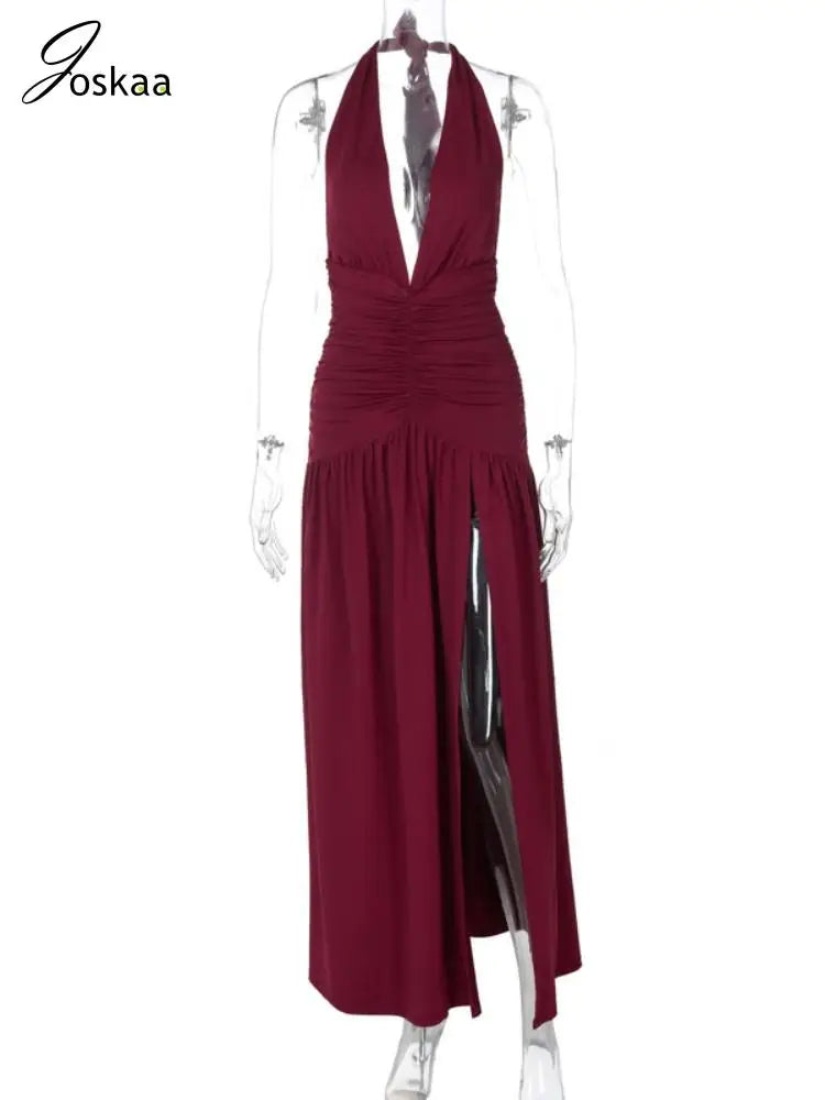 Women's Backless Halter Bodycon Maxi Dress Black – Back View