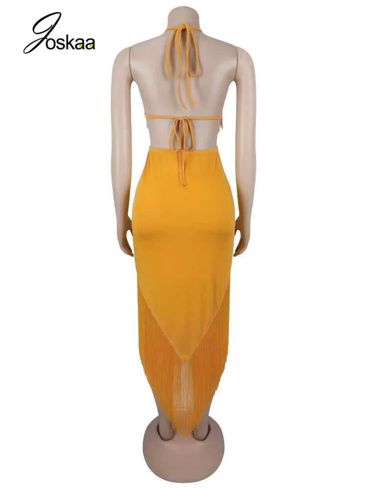 Women's Backless V-neck Halter One Shoulder Bodycon Dress - Detail View