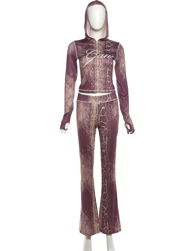 Joskaa Snake Print Zip Up Long Sleeve Crop Two Piece Set - two piece set image 2