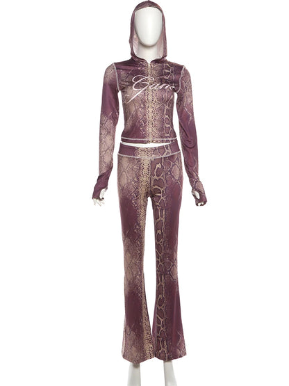 Joskaa Snake Print Zip Up Long Sleeve Crop Two Piece Set - two piece set image 2