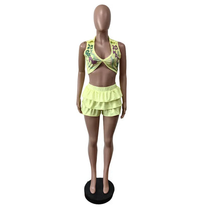 Women's Letter Print Crop V-neck Two Piece Set