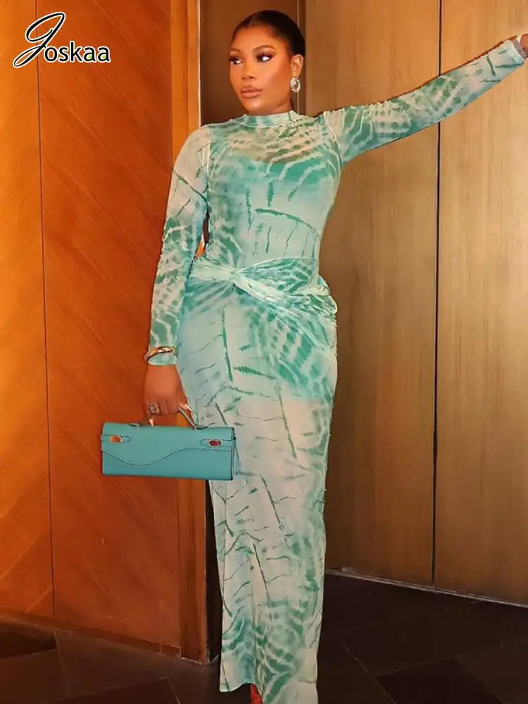 Women's Mesh Ruched Long Sleeve Bodycon Dress Green – Side View