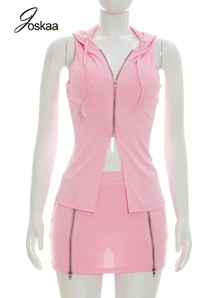 Women's Sleeveless Mini Zip Hooded Two Piece Set Black – Back View