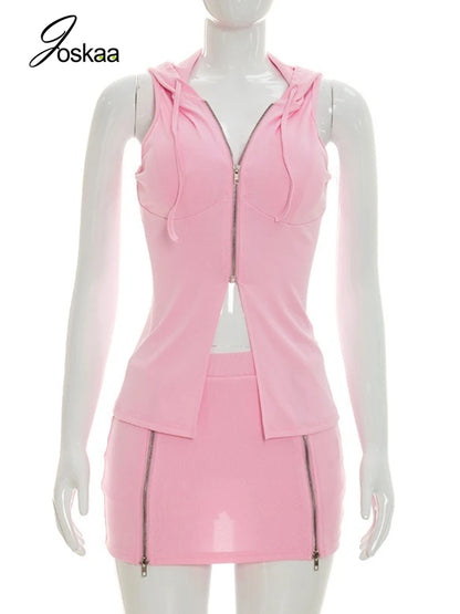 Women's Sleeveless Mini Zip Hooded Two Piece Set Black – Back View