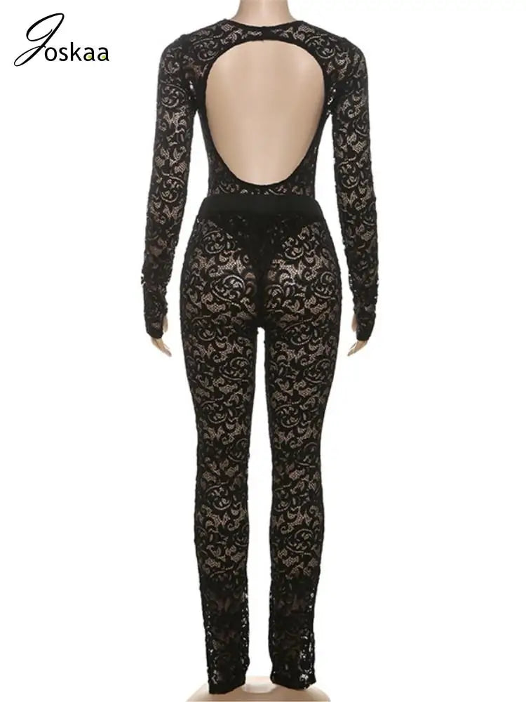 Women's Lace Backless Cutout Two Piece Set Black – Detail View
