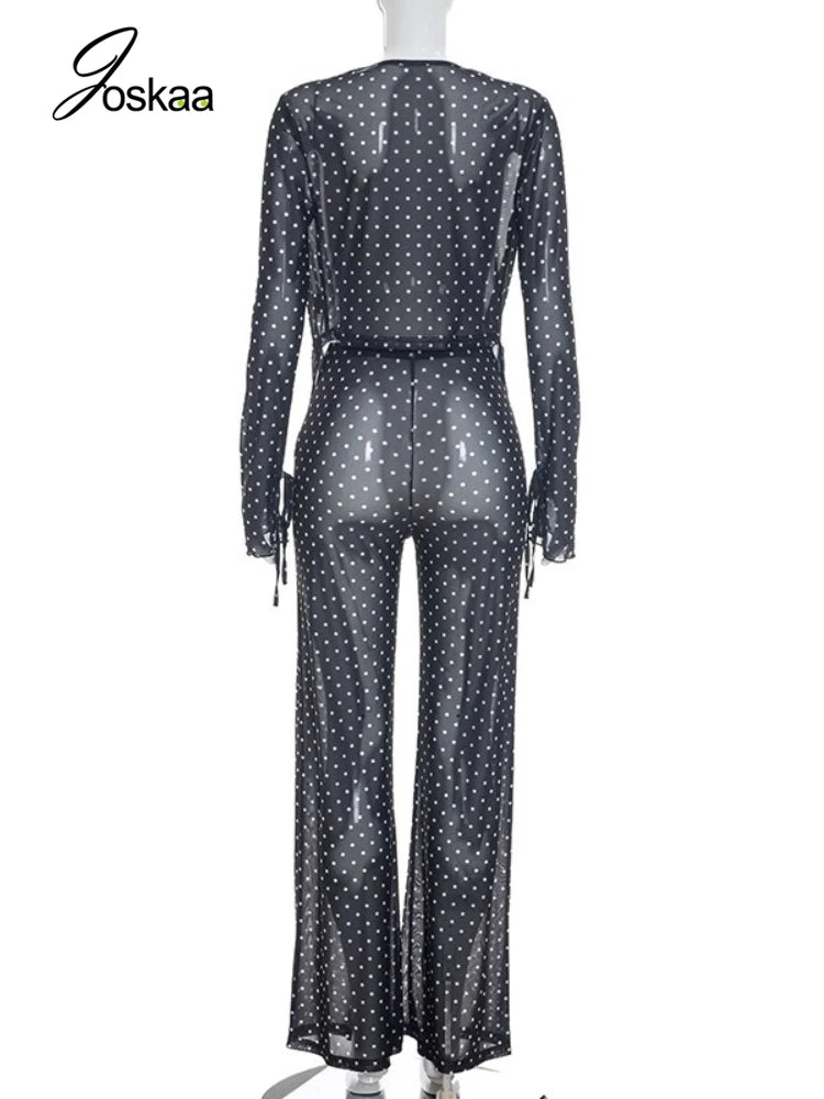 Women's Polka Dot Mesh High Waist Two Piece Set Black – Detail View