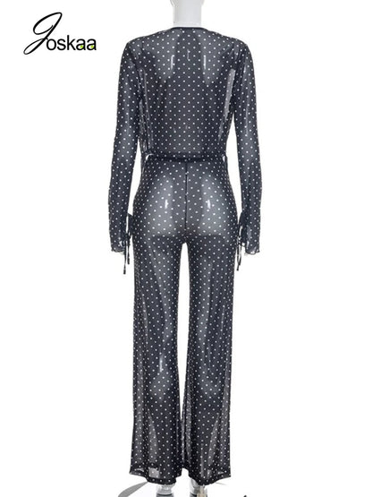 Women's Polka Dot Mesh High Waist Two Piece Set Black – Detail View