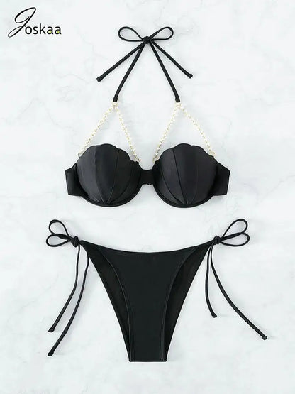 Women's Lace Swimwear Solid Chain Bikini Set White – Back View