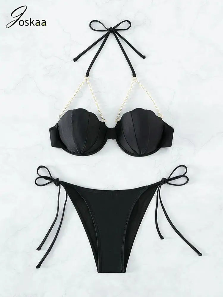 Women's Lace Swimwear Solid Chain Bikini Set White – Back View