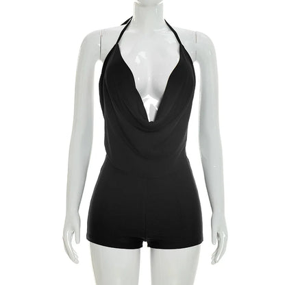 Women's Lace Ruched Backless Halter Romper