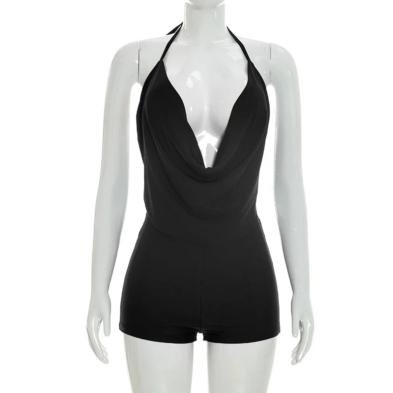 Women's Lace Ruched Backless Halter Romper