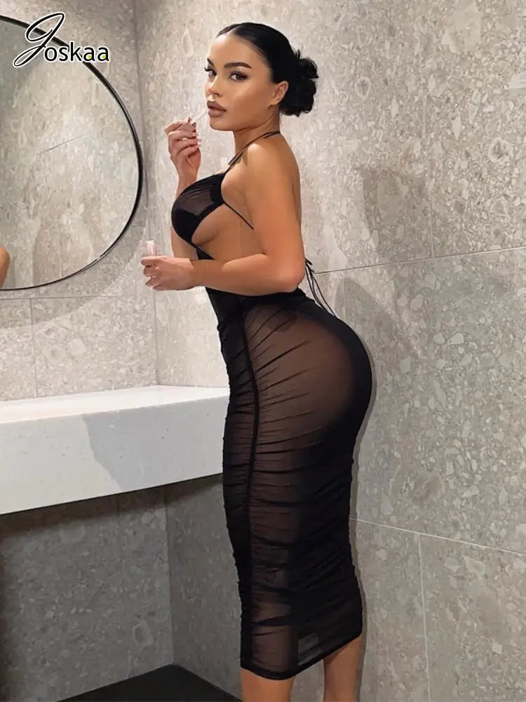 Women's Mesh Backless Halter Black Body-shaping Vestidos Dress Black – Front View