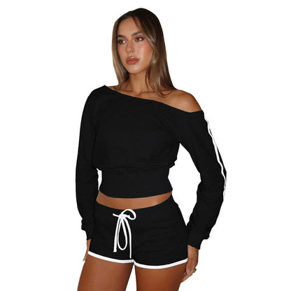 Women's Long Sleeve Fall Patchwork Oblique Two Piece Set