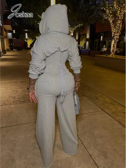 Women's Long Sleeve Zip Hooded Wide Two Piece Set Gray – Front View