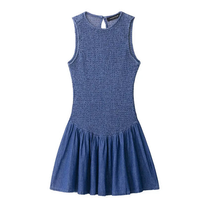 Women's Denim Sleeveless French Honeycomb Stretch Mini Dress Blue – Side View