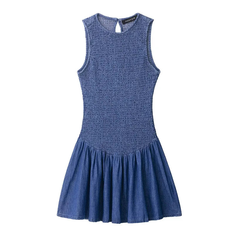 Women's Denim Sleeveless French Honeycomb Stretch Mini Dress Blue – Side View
