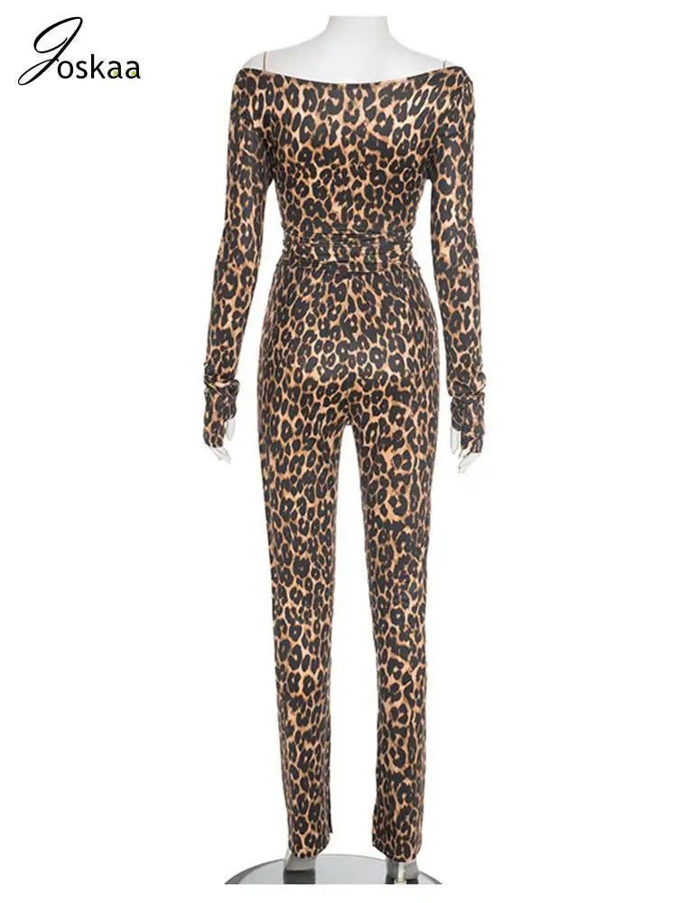 Women's Leopard Print Long Sleeve High Waist Two Piece Set Leopard Print – Detail View