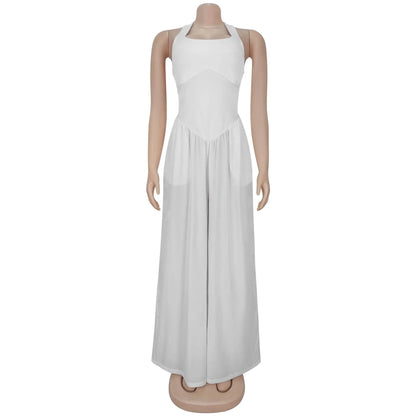 Women's Backless Halter Flare Wide Leg Romper
