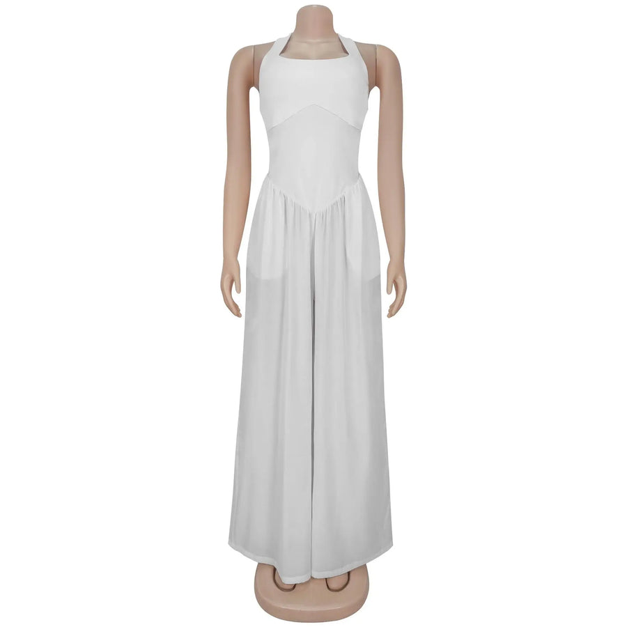Women's Backless Halter Flare Wide Leg Romper