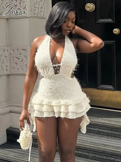 Women's Backless Cutout Halter Mini Dress Apricot – Side View