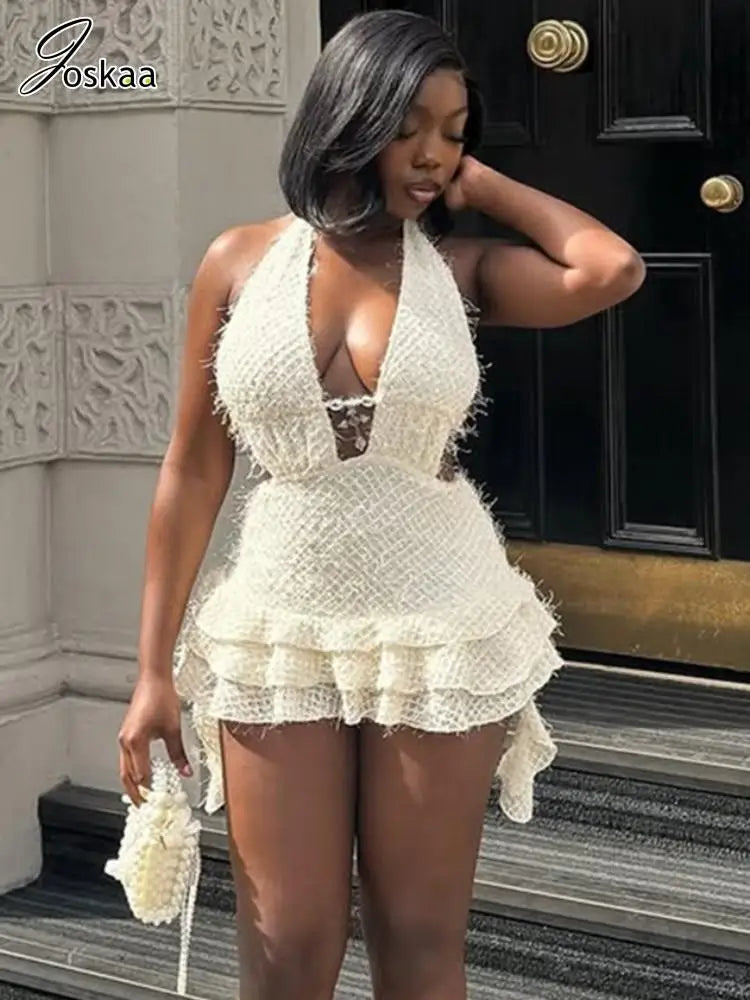 Women's Backless Cutout Halter Mini Dress Apricot – Side View