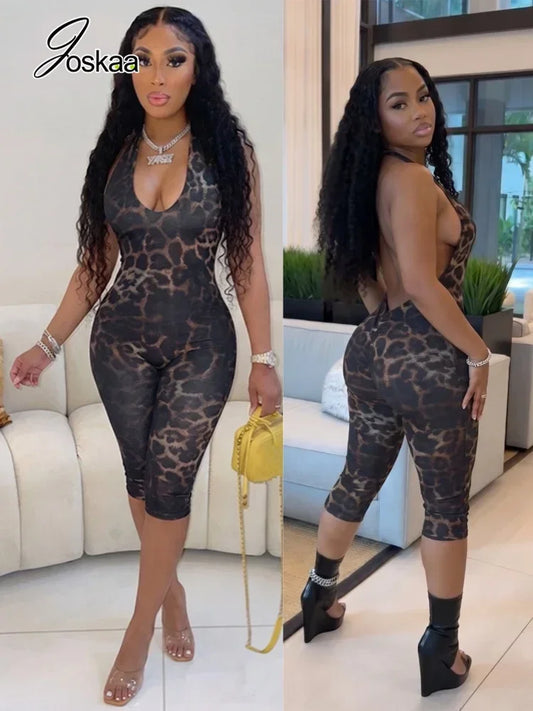 Women's Leopard Print Ruched Halter Sleeveless Romper - Women's Fashion Wholesale - Front View