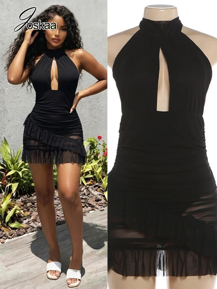 Women's Mesh Backless Cutout Halter Mini Dress – Women's Fashion Wholesale – Front View