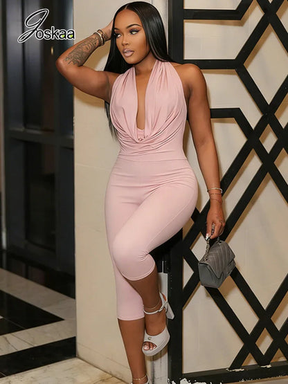 Women's Backless V-neck Halter Sleeveless Romper - Side View