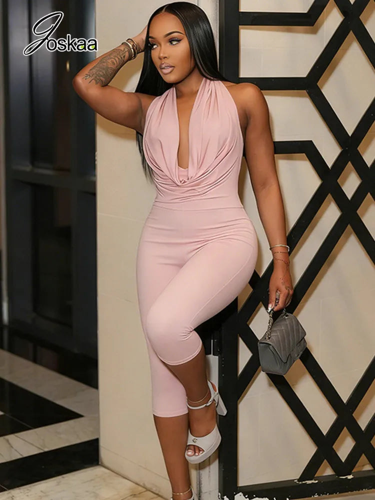 Women's Backless V-neck Halter Sleeveless Romper - Side View