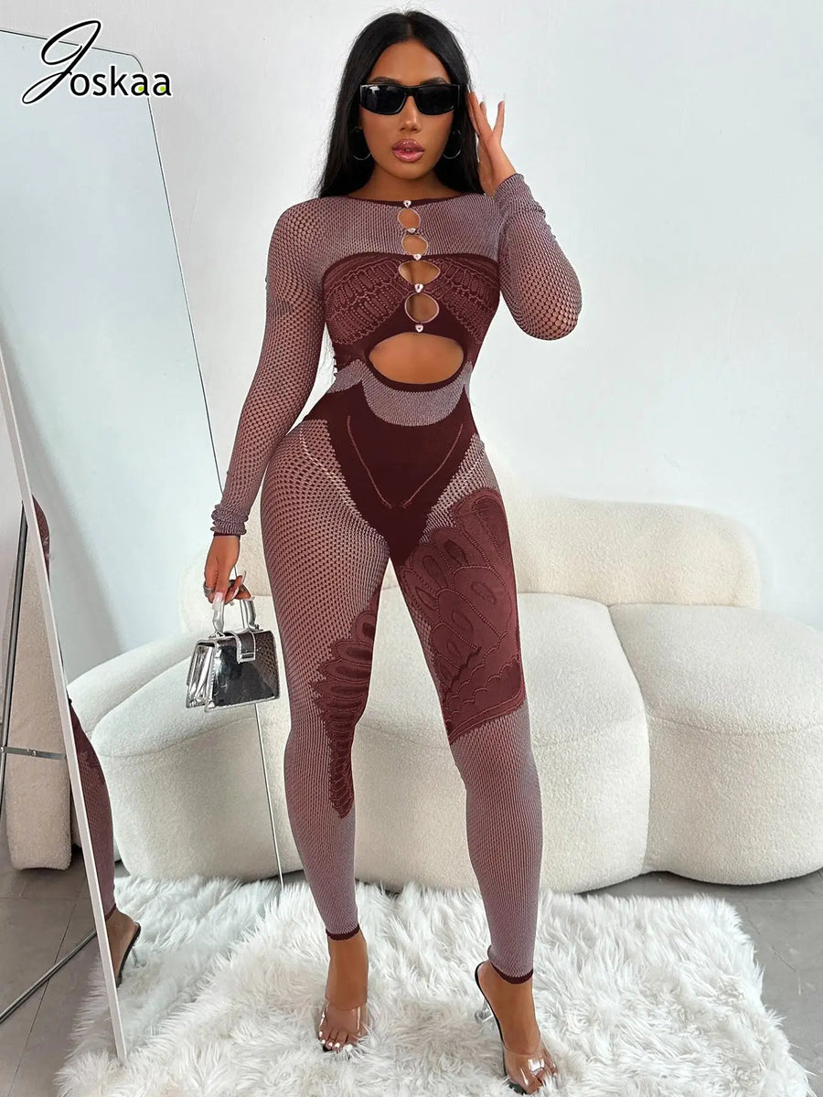Women's Rhinestone Lace Cutout Long Sleeve Romper Dark Brown – Back View