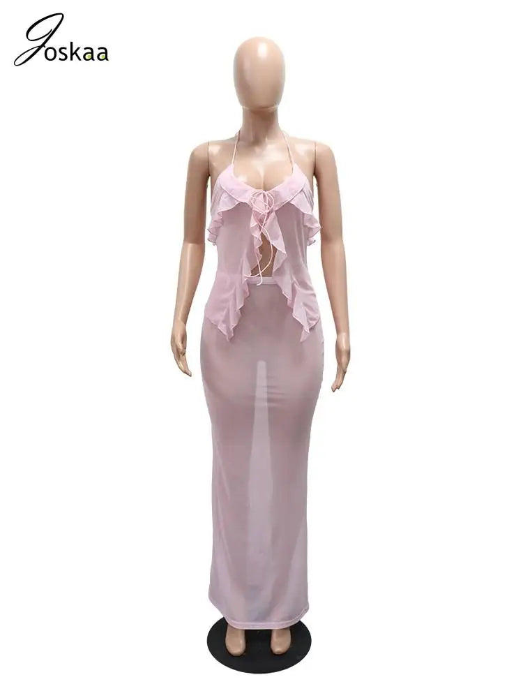 Women's Mesh Maxi Sheer Asymmetric Camisole Two Piece Set Pink – Back View