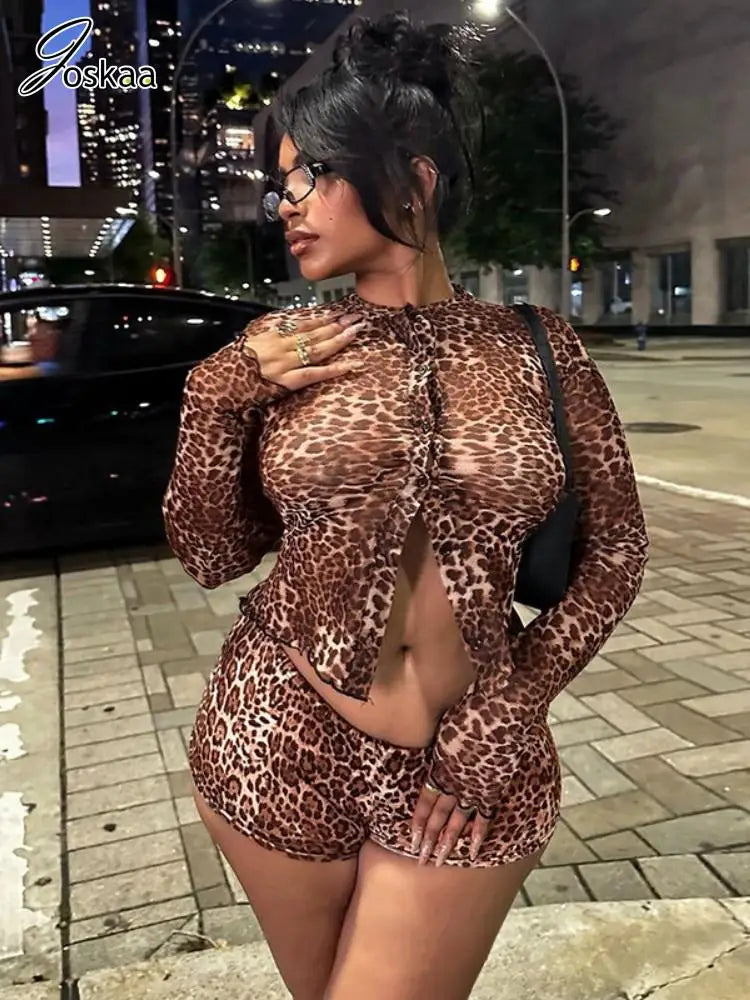 Women's Leopard Print Mesh Long Sleeve Two Piece Set Leopard Print – Front View