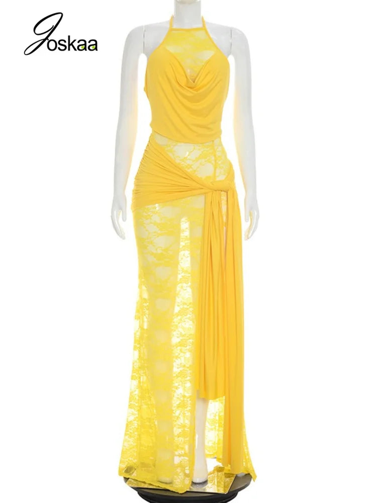 Women's Mesh Lace Ruched Backless Maxi Dress - Back View