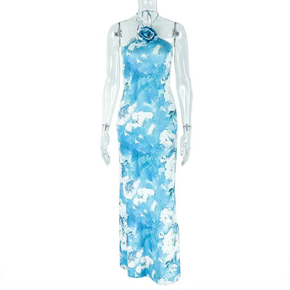Women's Floral Print Backless Halter Maxi Dress