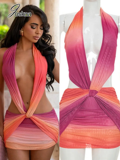 Women's Mesh Ruched Backless Halter Mini Dress – Women's Fashion Wholesale – Front View