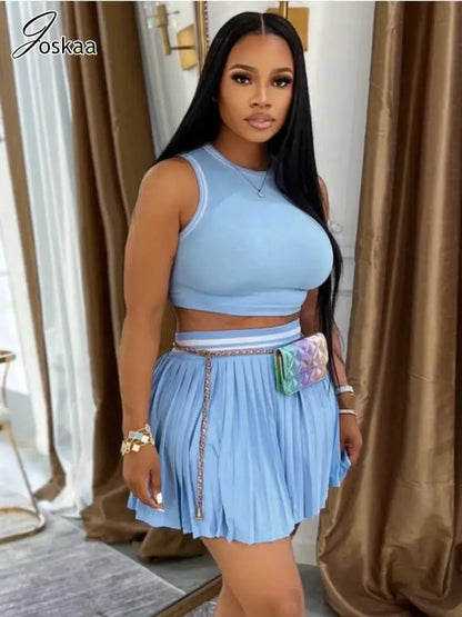 Women's Stripe Crop Mini Pleated Two Piece Set Pink – Front View