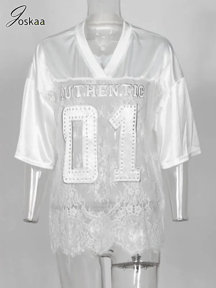 Women's Letter Print Lace Short Sleeve Top Black – Back View